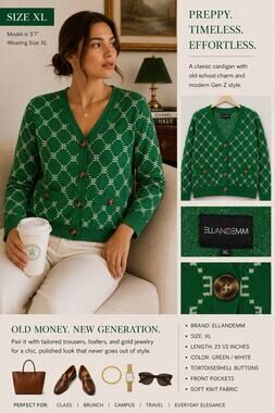 EllandEmm Women’s XL Green EE Logo Monogram Cardian Gold Buttons Preppy